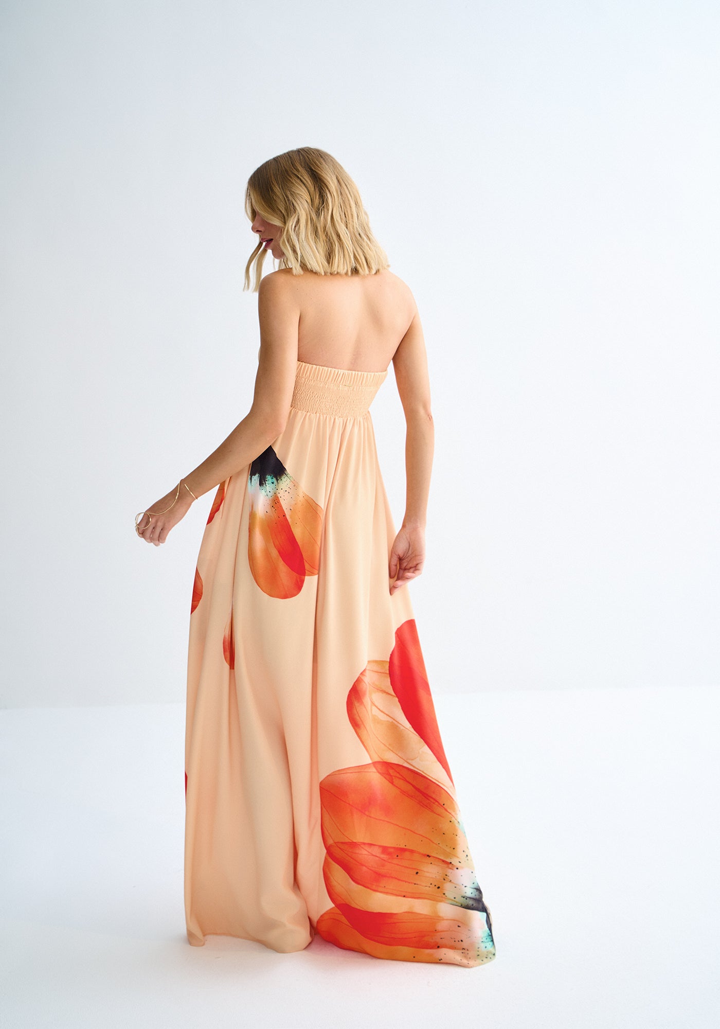 VESTIDO LARGO SIN TIRANTES ESTAMPADO DE FLORES