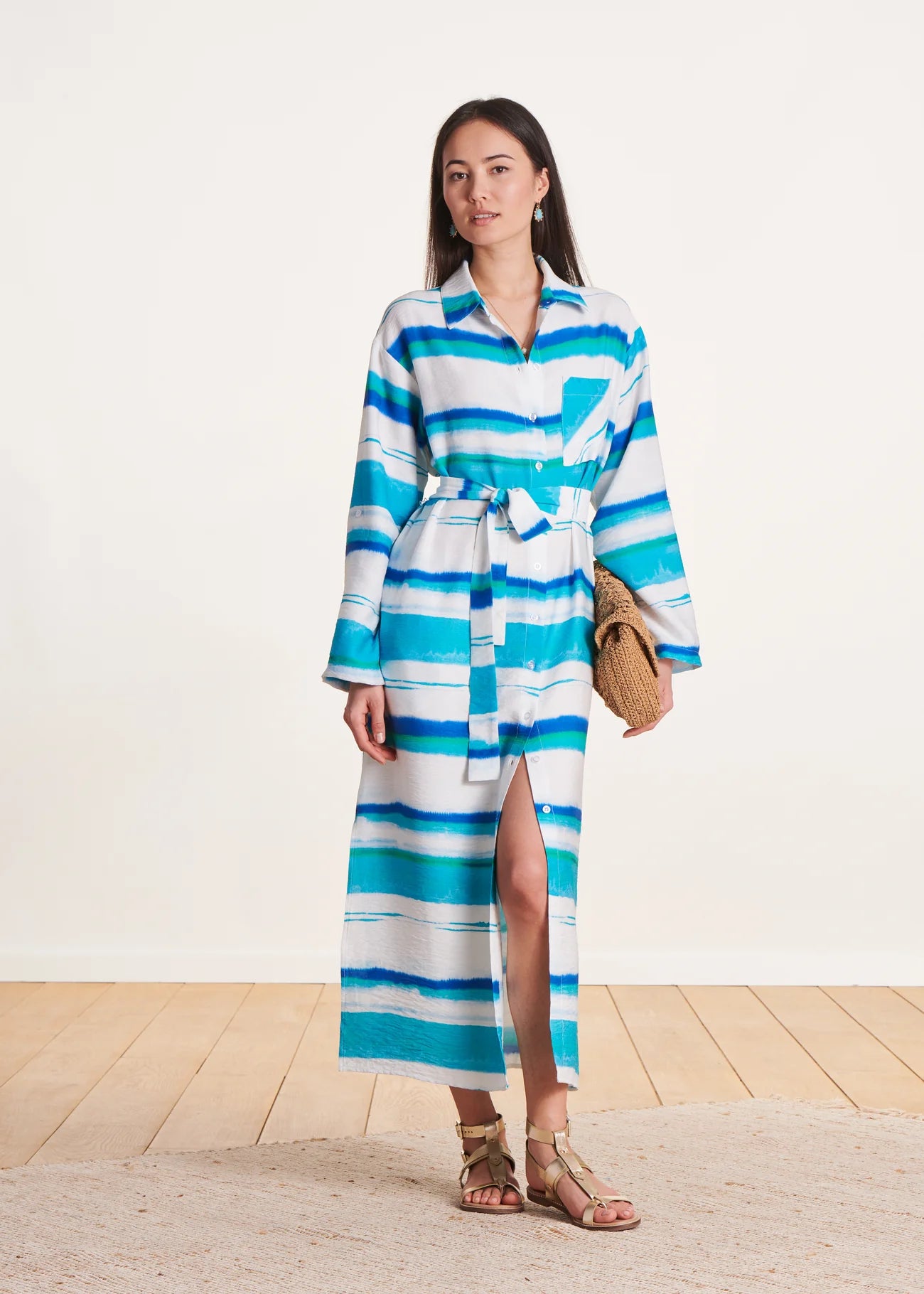 VESTIDO CAMISERO MIDI CON ESTAMPADO TIE&DYE AZUL