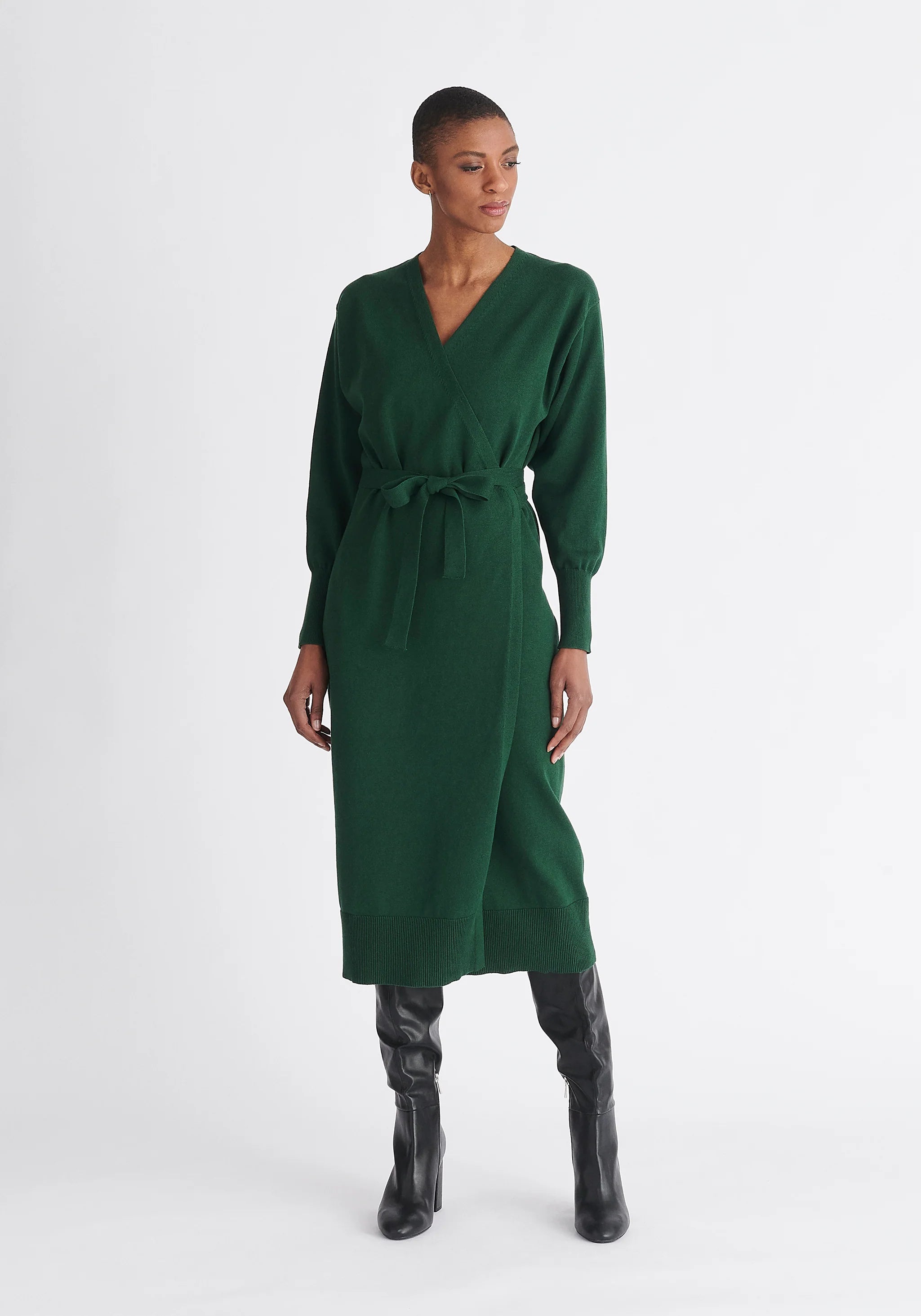 VESTIDO CRUZADO DE PUNTO VERDE OSCURO