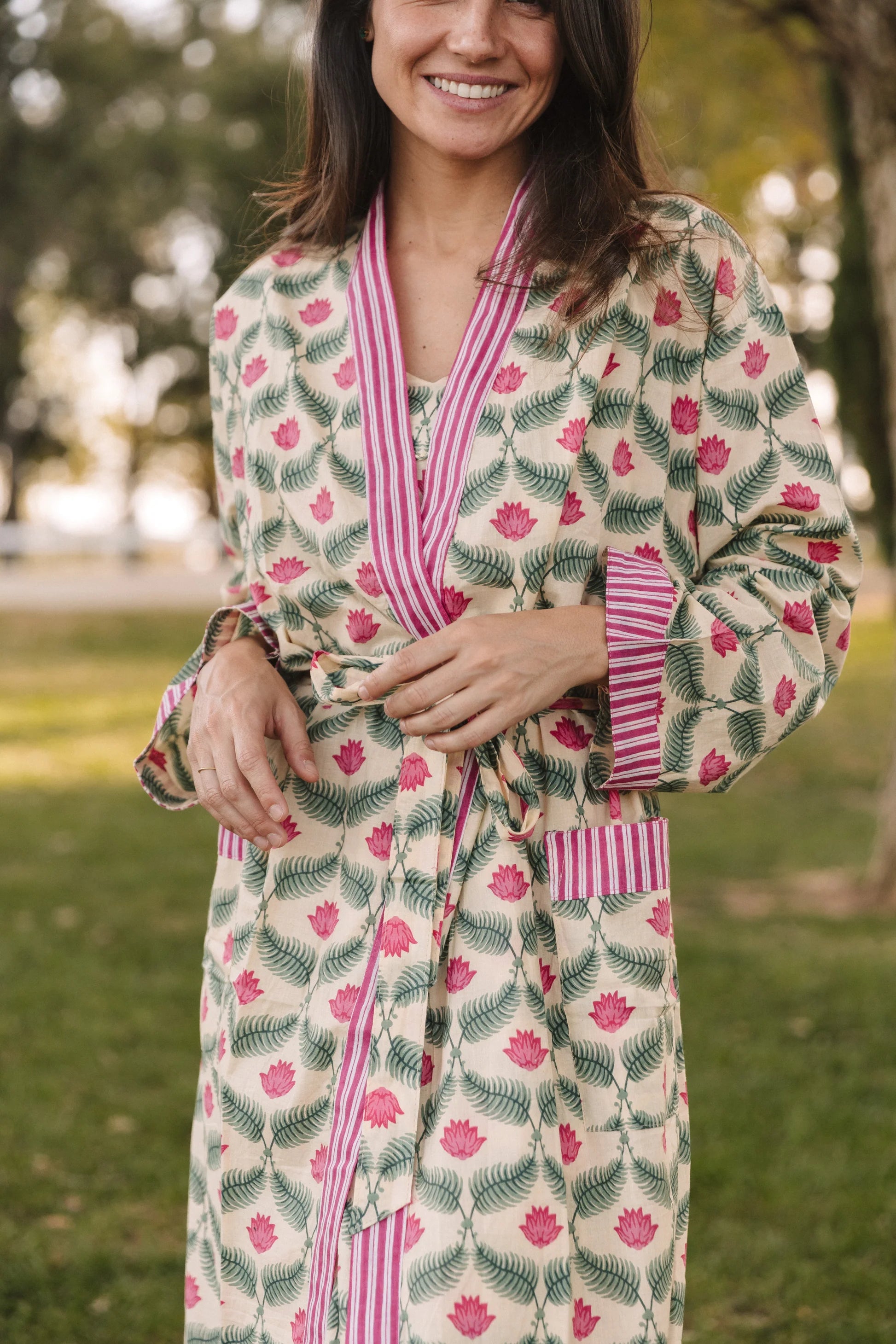 KIMONO ALGODÓN VERDE Y ROSA