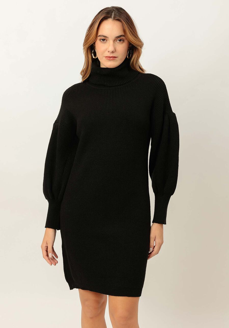 VESTIDO NEGRO CORTO DE PUNTO, CUELLO ALTO Y MANGAS ABULLONADAS