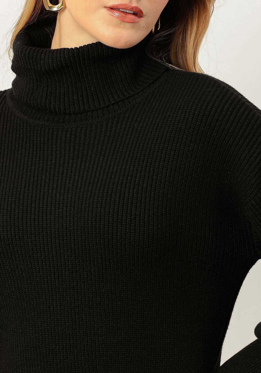 VESTIDO NEGRO CORTO DE PUNTO, CUELLO ALTO Y MANGAS ABULLONADAS