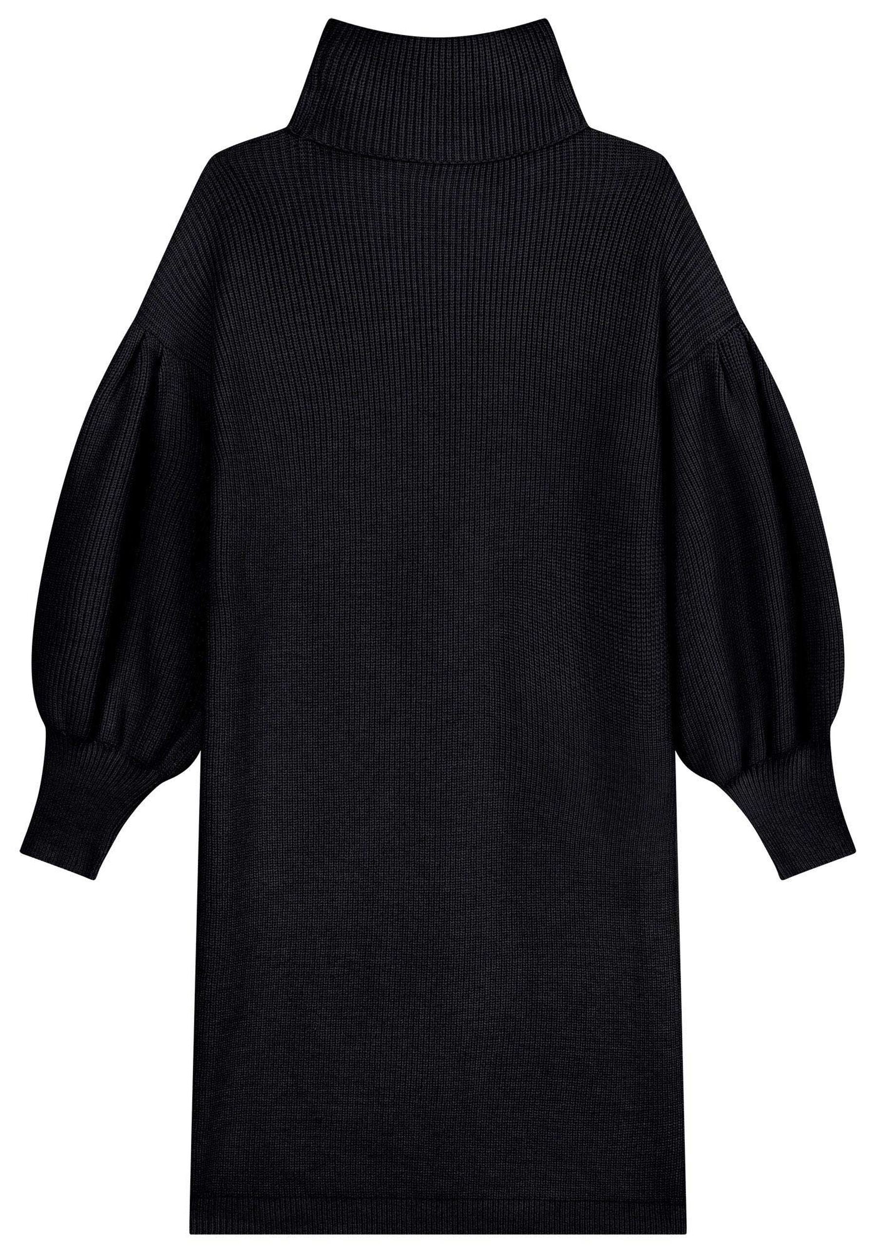 VESTIDO NEGRO CORTO DE PUNTO, CUELLO ALTO Y MANGAS ABULLONADAS