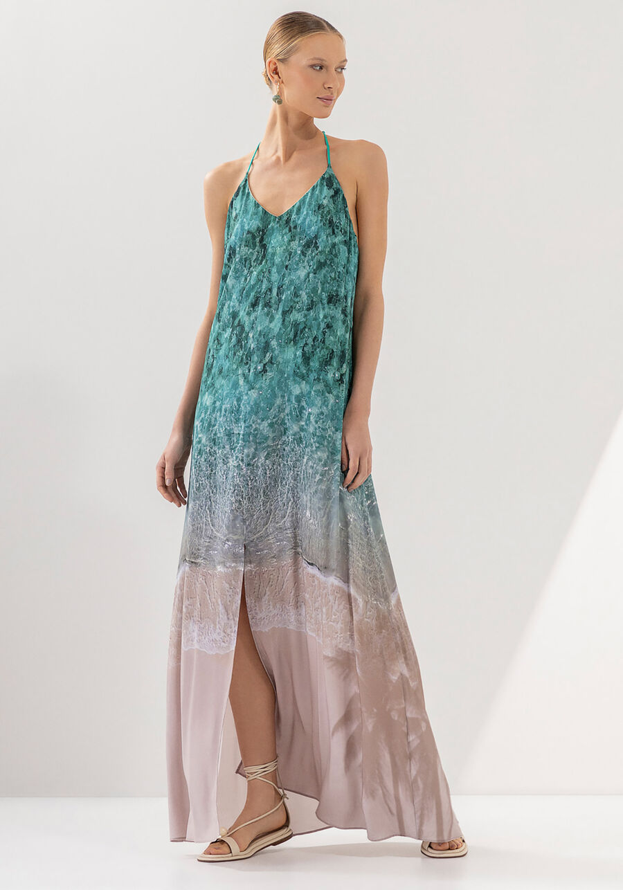 VESTIDO LARGO ESTAMPADO CON PERLAS EN LA ESPALDA