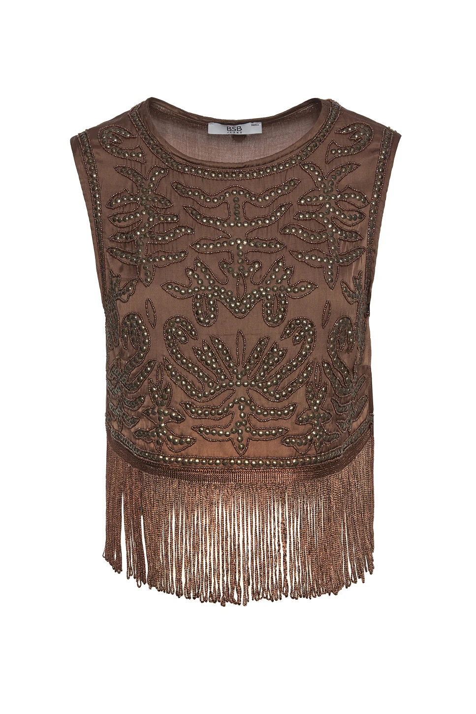 TOP CORTO SIN MANGAS CON FLECOS CHOCOLATE