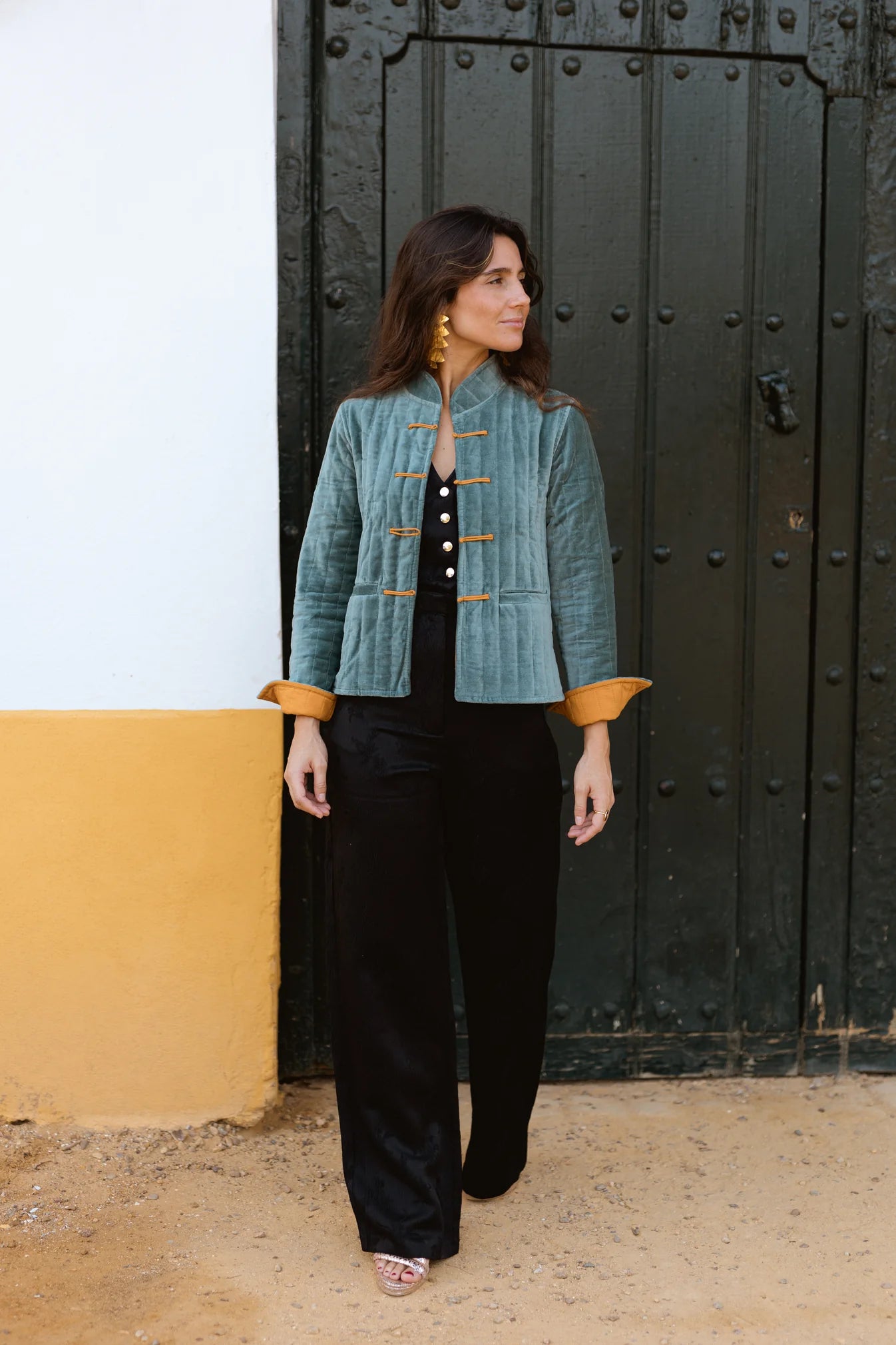 CHAQUETA TERCIOPELO AZUL GRISÁCEO Y MOSTAZA