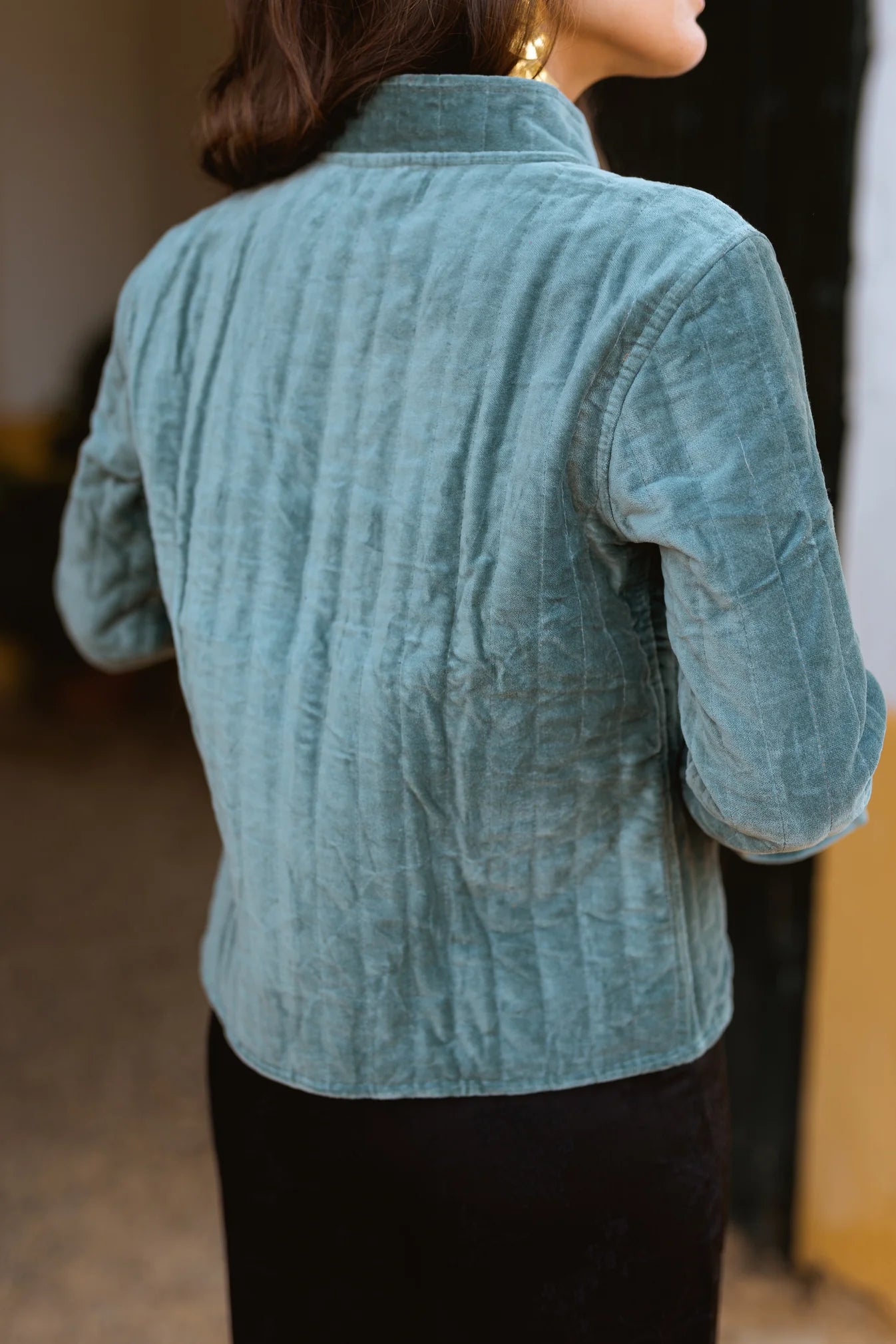 CHAQUETA TERCIOPELO AZUL GRISÁCEO Y MOSTAZA