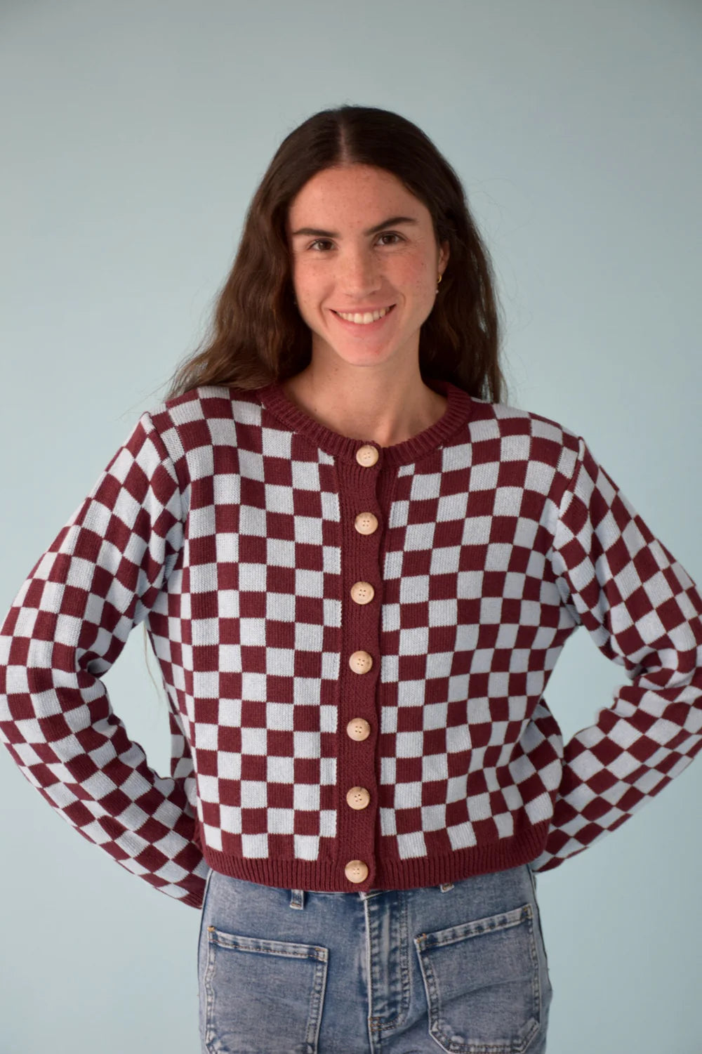CÁRDIGAN MARTINA BURGUNDY Y CELESTE