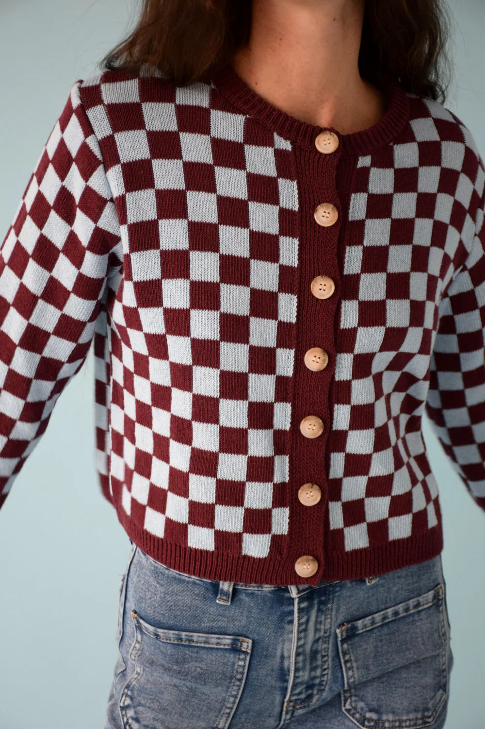 CÁRDIGAN MARTINA BURGUNDY Y CELESTE