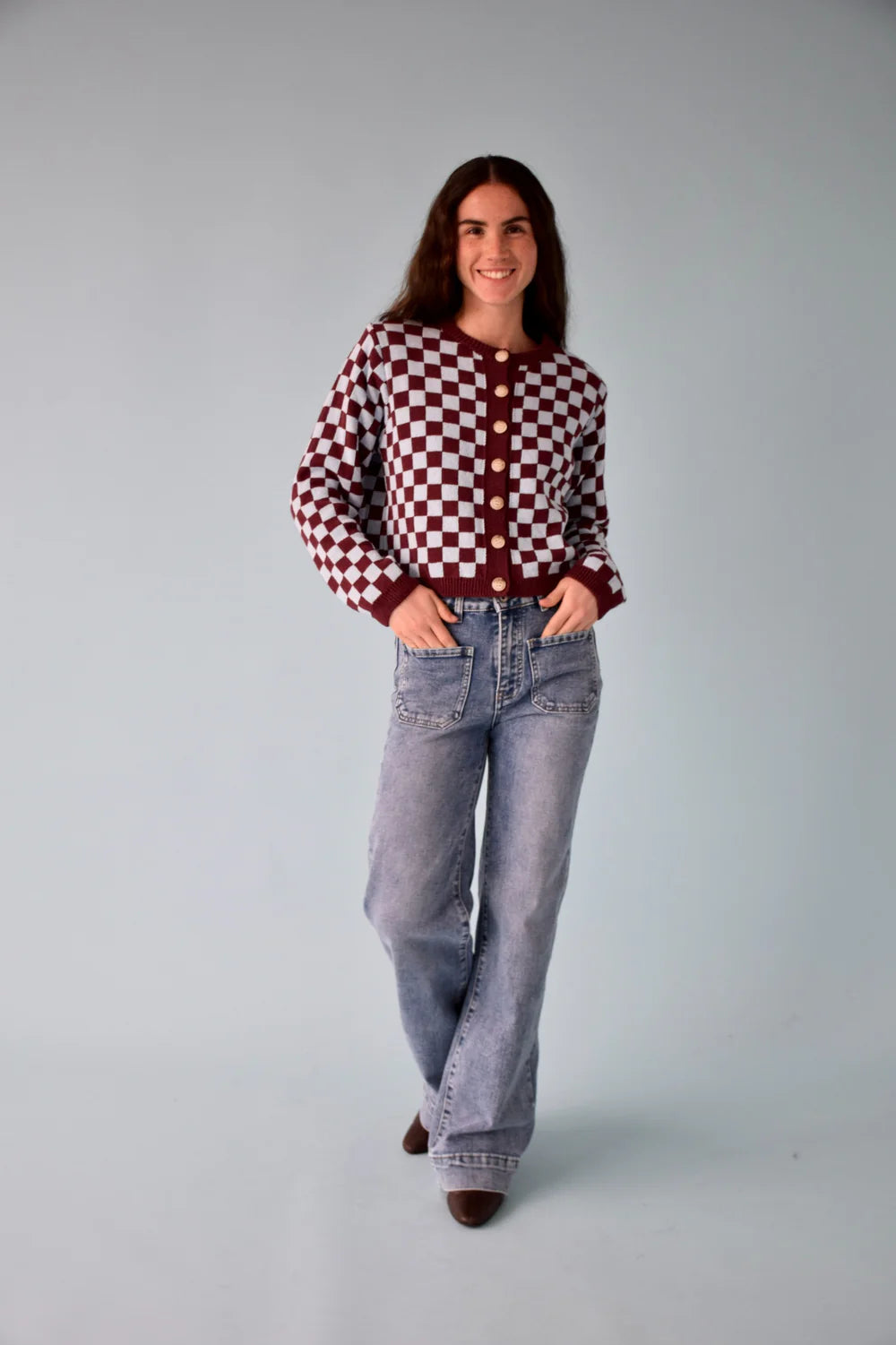 CÁRDIGAN MARTINA BURGUNDY Y CELESTE