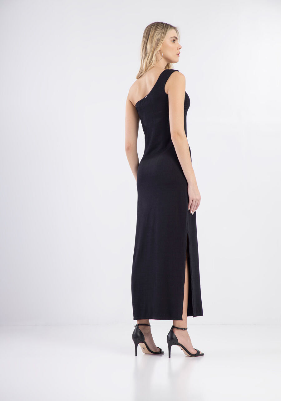 VESTIDO NEGRO MIDI UN SOLO HOMBRO
