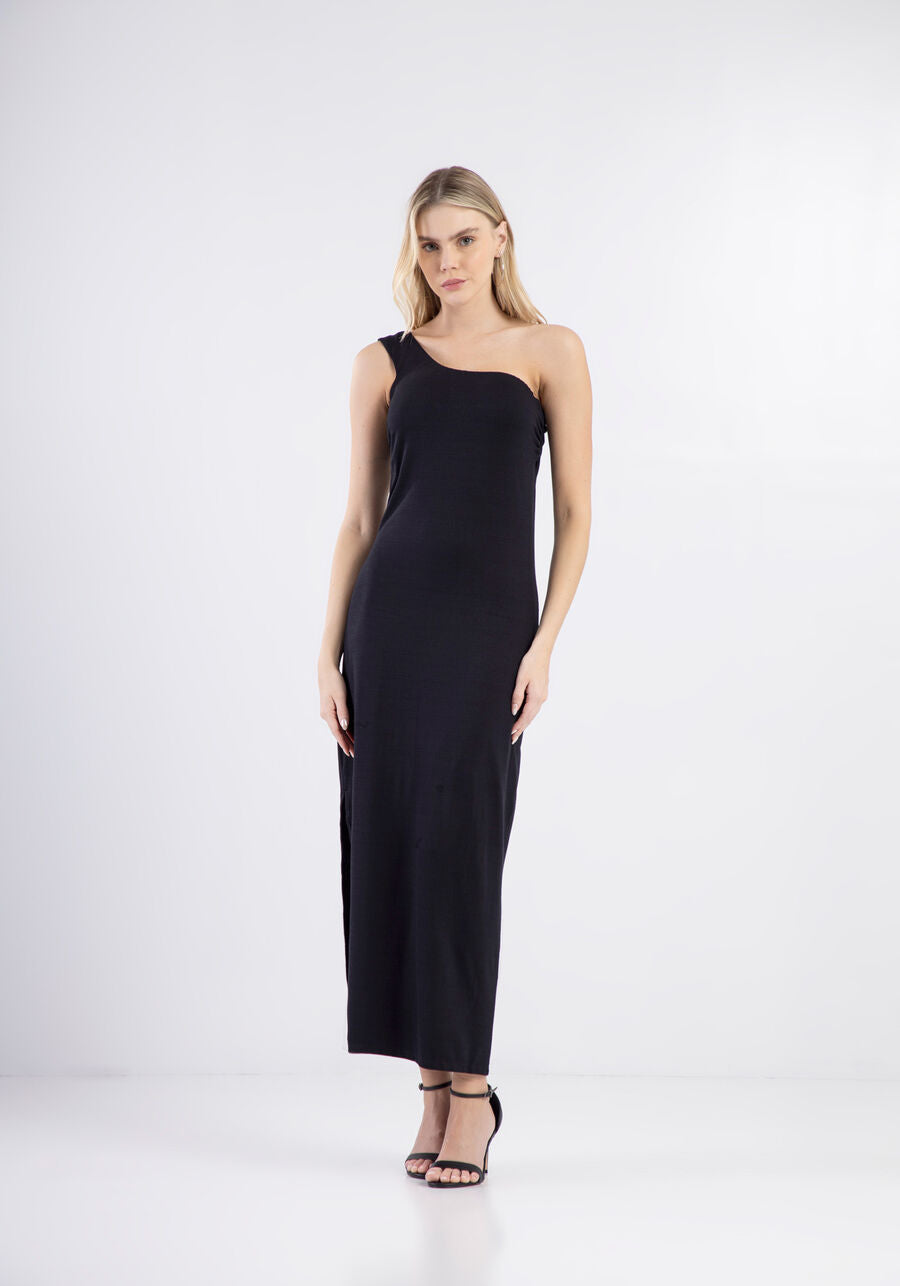 VESTIDO NEGRO MIDI UN SOLO HOMBRO