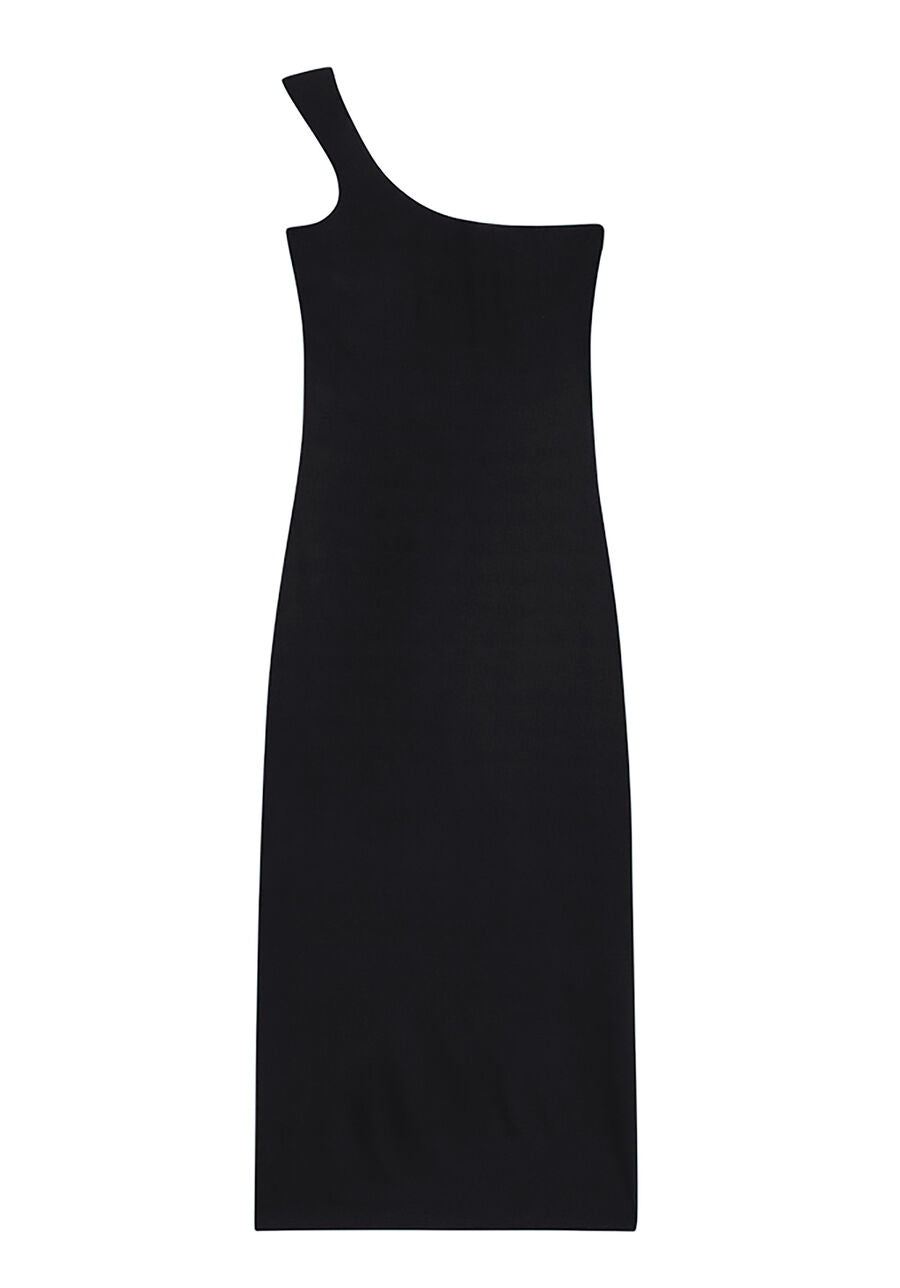 VESTIDO NEGRO MIDI UN SOLO HOMBRO